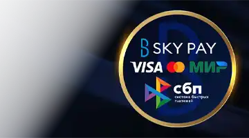 Изображение популярных платежных логотипов, таких как Visa, Mastercard и МИР, а также Sky Pay, подчеркивающее гибкость платежей в Казино Еномо онлайн-казино.